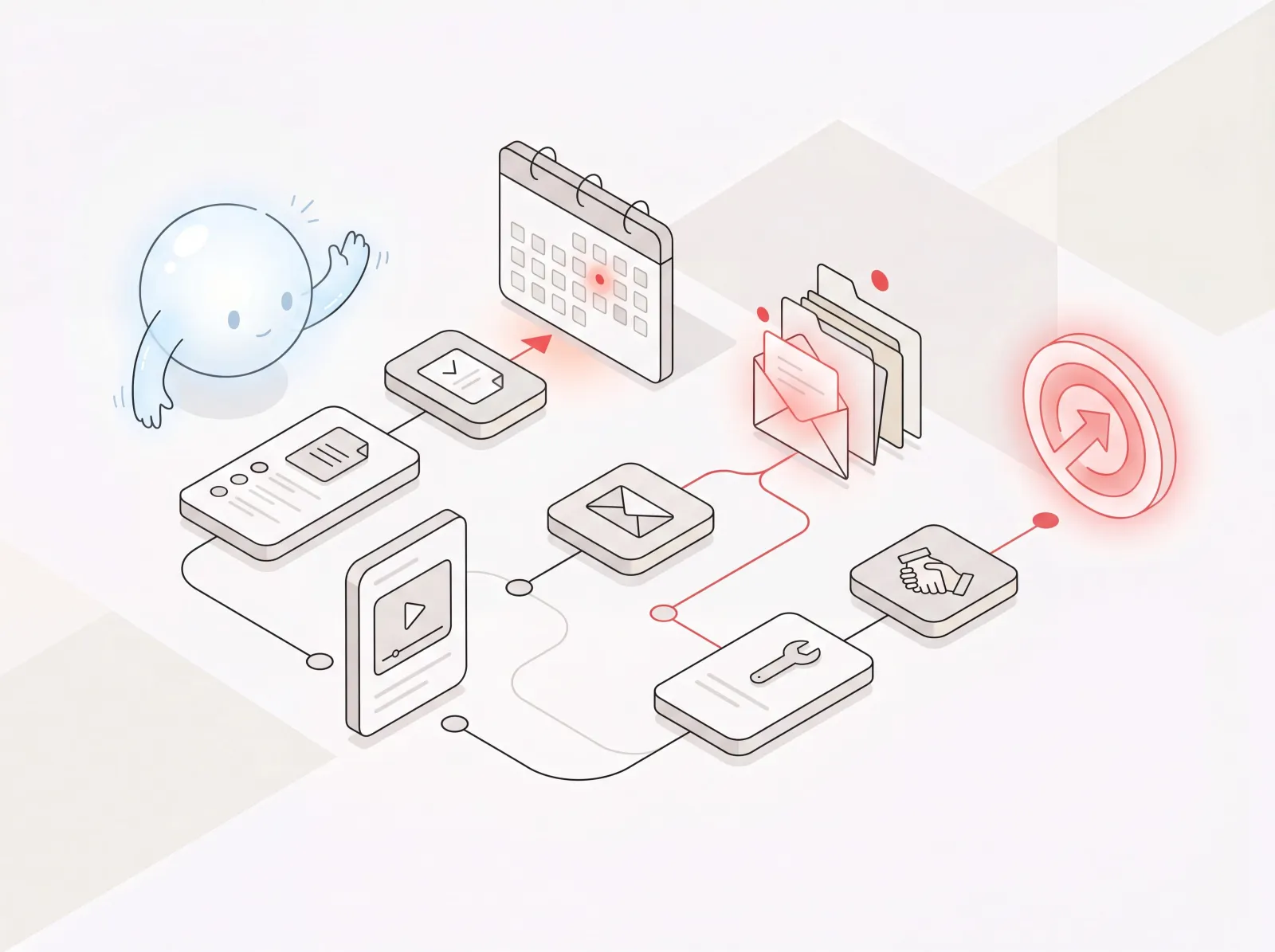 AI assistant guiding a connected sequence of tasks, calendar, and inbox toward a goal in an AI agent workflow