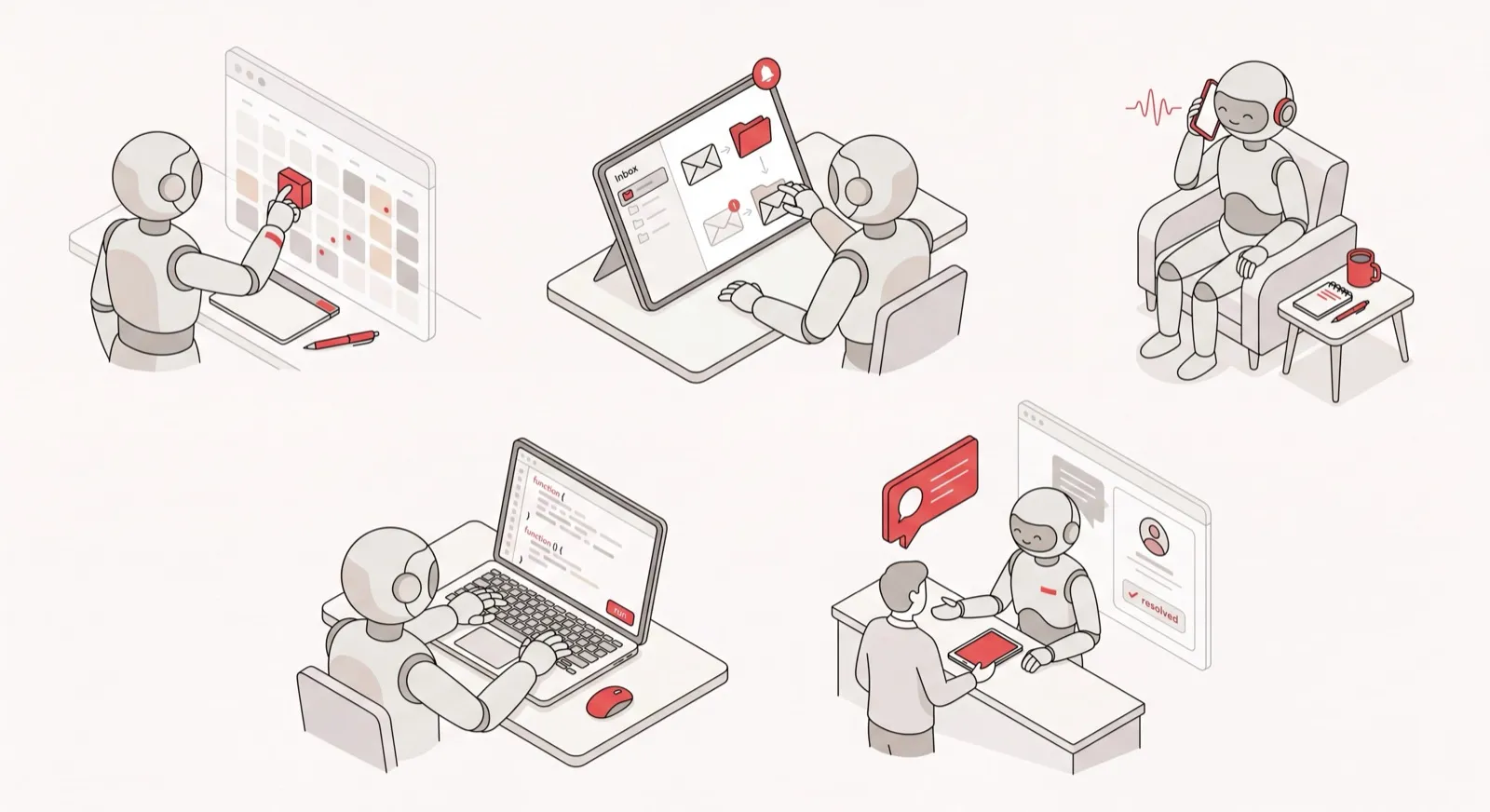Isometric scenes of AI agents examples at work — managing a calendar, sorting an inbox, taking a call, and coding