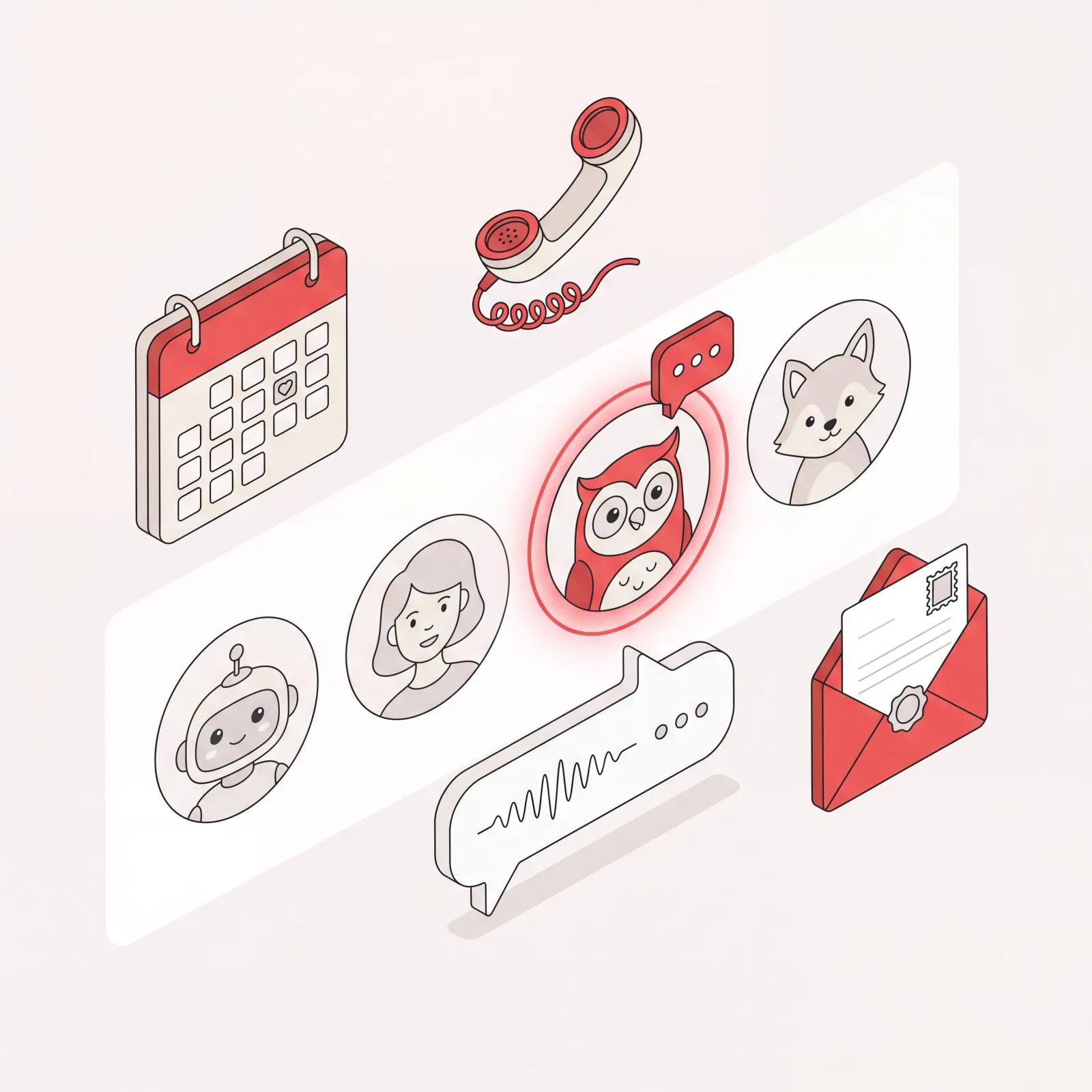 Choosing an AI assistant name from a set of persona avatars, with calendar, email, and phone icons