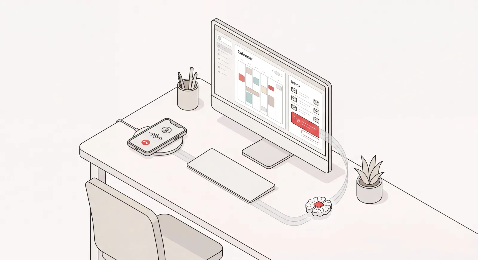 AI business assistant managing an executive calendar, inbox, and phone calls from one organized desk