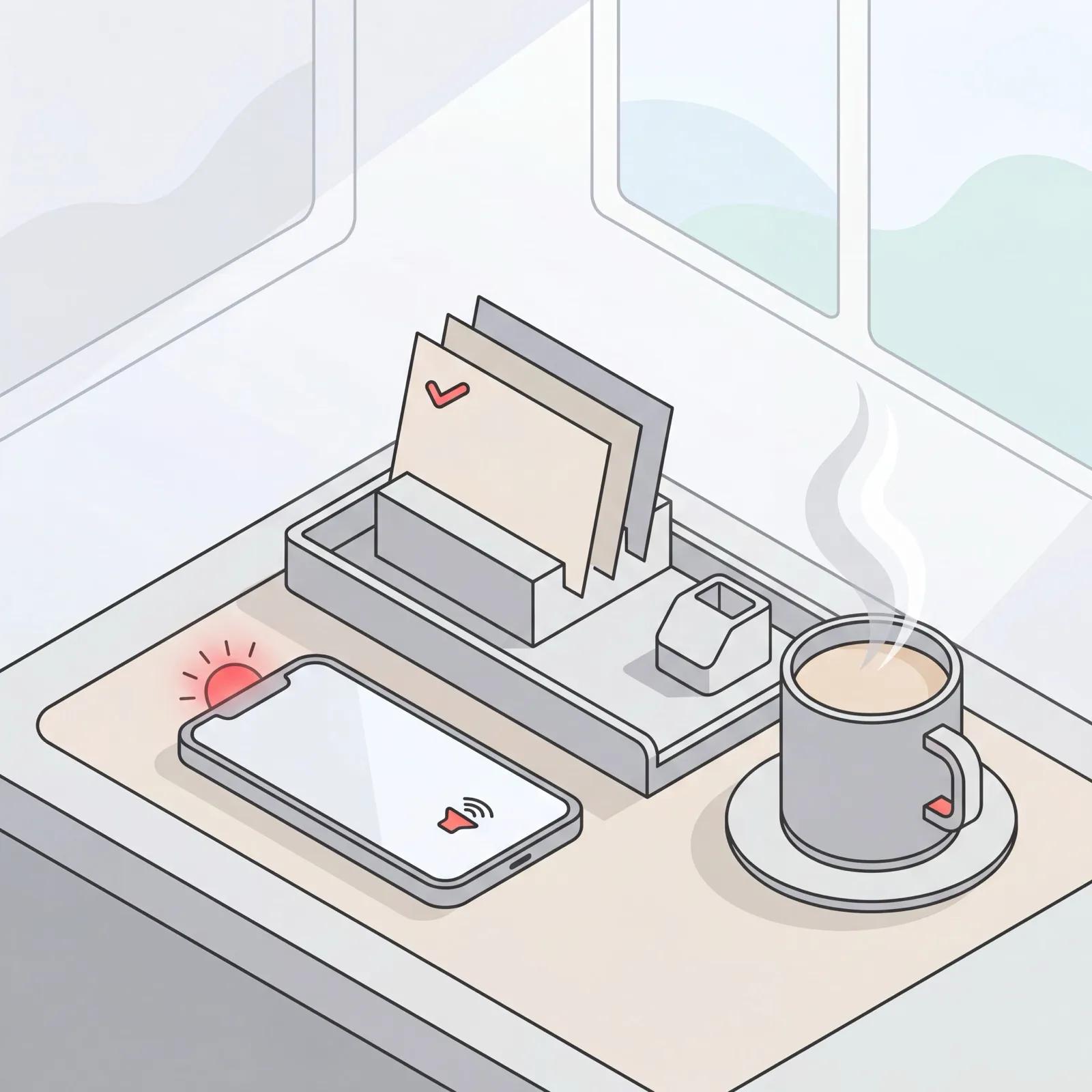Calm morning desk with a smartphone delivering an AI daily brief by voice, agenda cards, and coffee