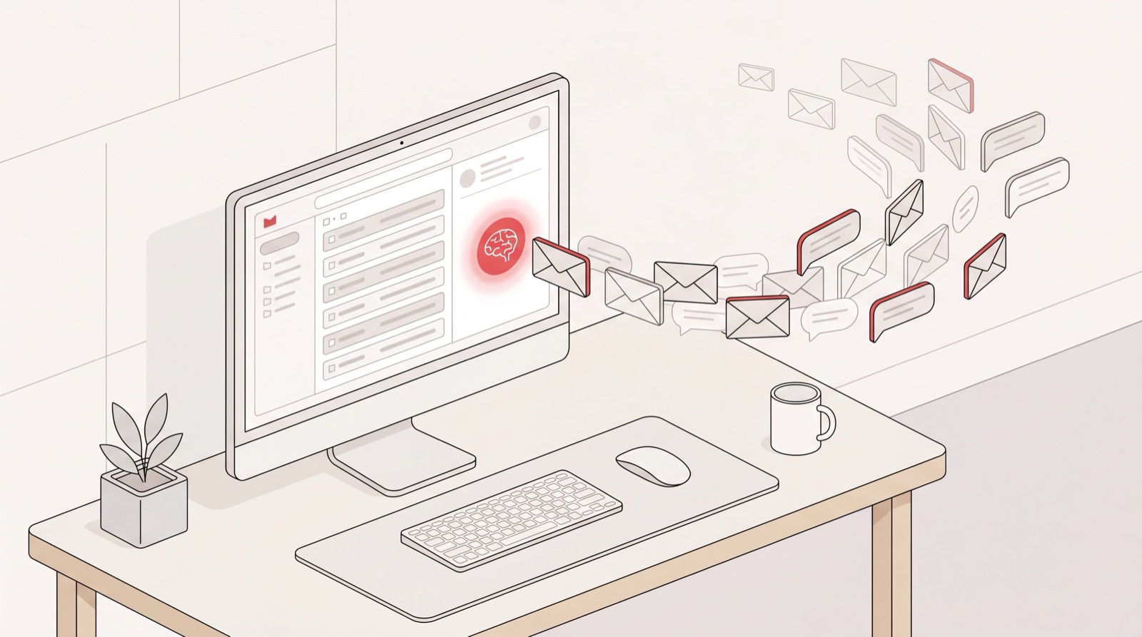 AI email responder auto-drafting and sending inbox replies from a calm, organized desk