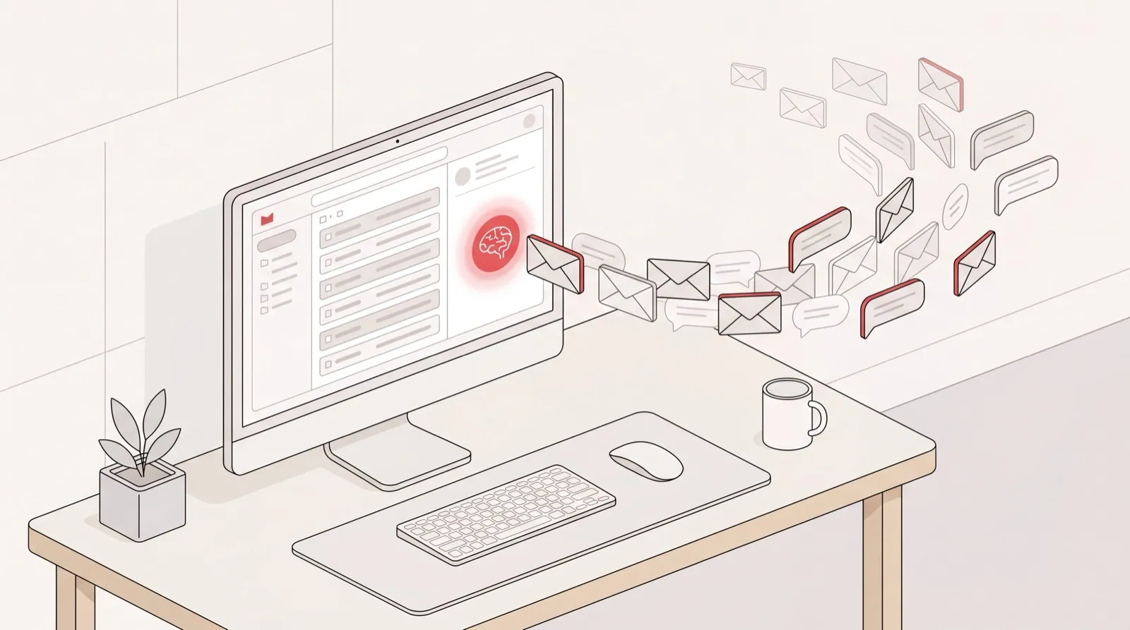 AI email responder auto-drafting and sending inbox replies from a calm, organized desk