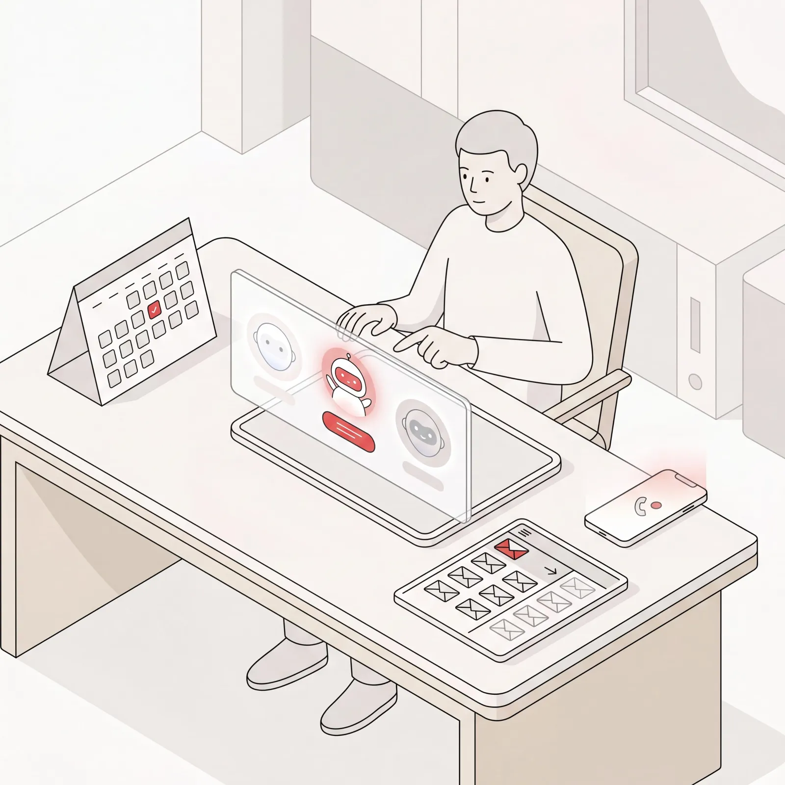 Business owner at a tidy desk choosing an AI personal assistant managing calendar, inbox, and calls