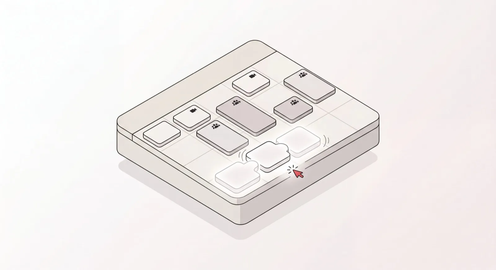Isometric calendar with meeting blocks clicking into open slots, illustrating an AI scheduling assistant coordinating a calendar