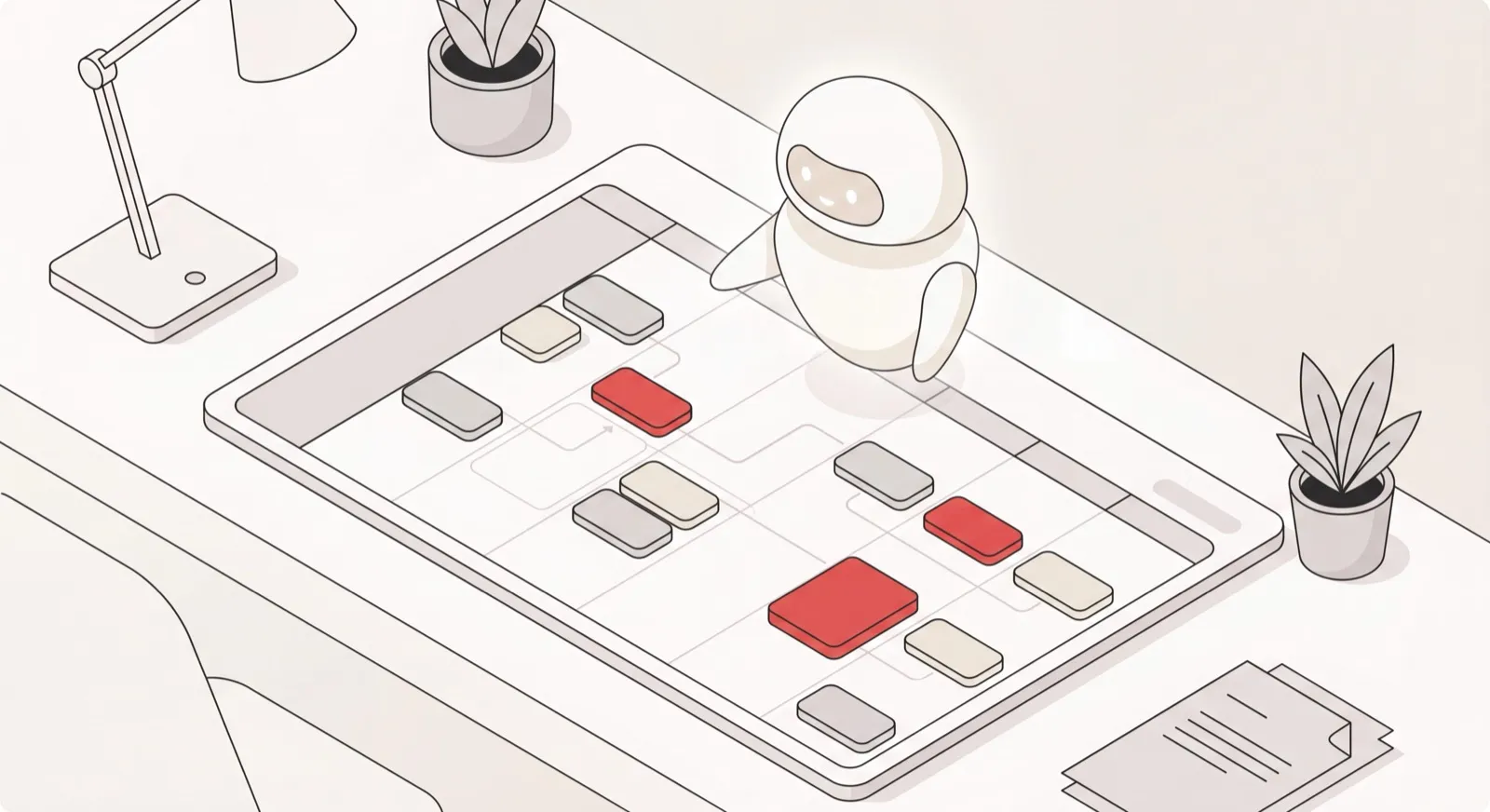 Isometric weekly calendar with appointment blocks and an AI assistant organizing the schedule, illustrating AI scheduling tools