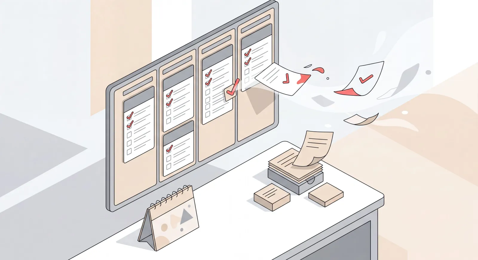Isometric desk scene of an AI task manager clearing a checklist of completed to-do items