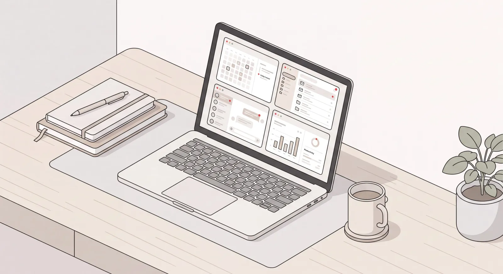 Organized workspace desk with a laptop showing a tidy grid of the best apps for work in 2026