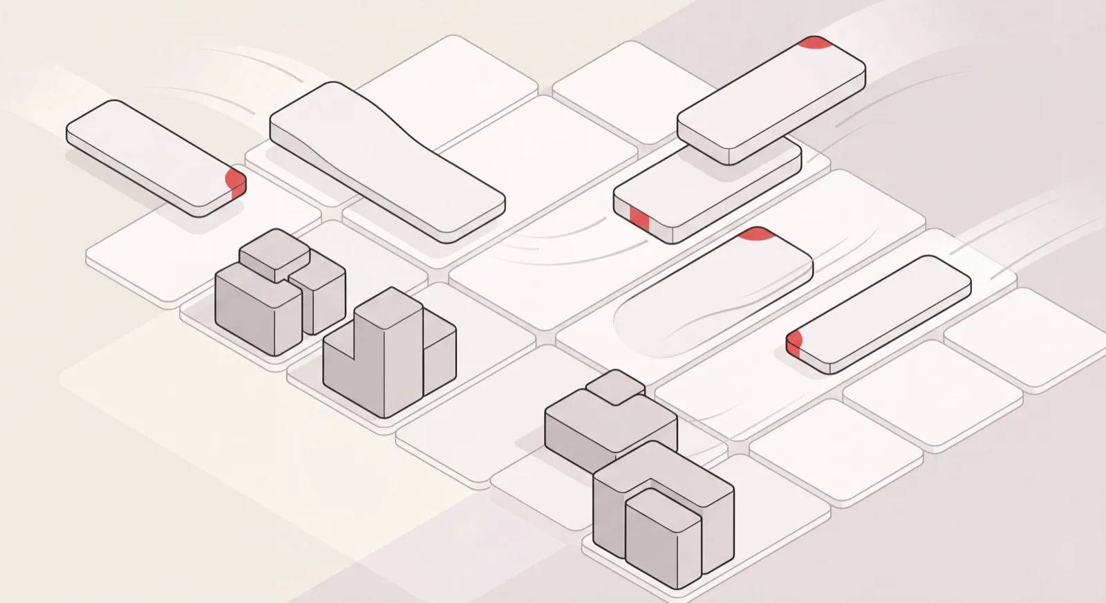 Isometric calendar with meeting blocks sliding into open slots on their own, illustrating auto scheduling running a calendar