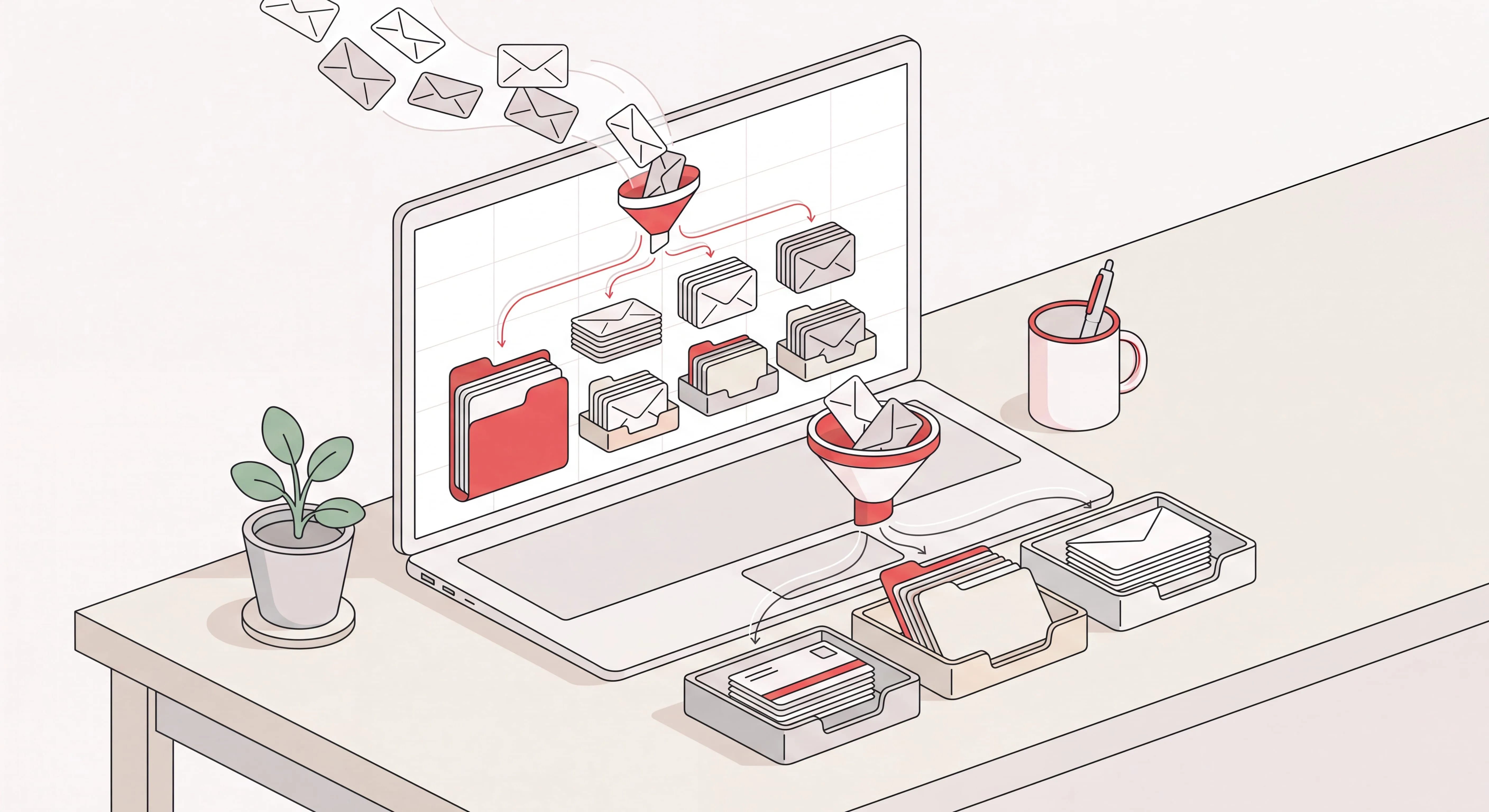 Isometric desk scene showing email processing automated — incoming messages filtered into sorted folders and trays