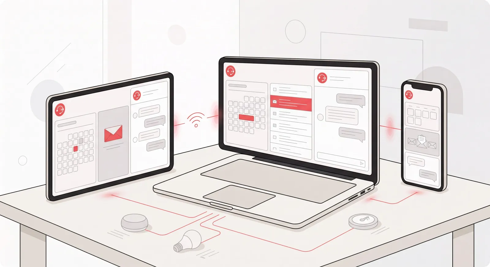 Cross-platform AI assistant app shown across phone, tablet, and laptop with calendar and inbox panels