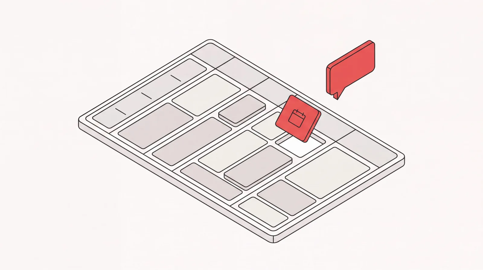 Isometric weekly calendar with an AI calendar assistant slotting a meeting into an open time slot