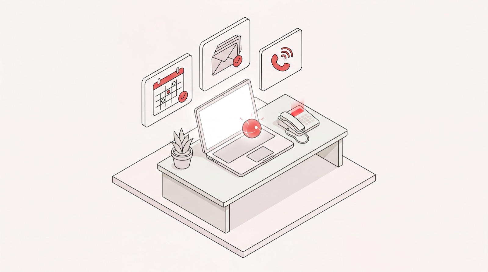 AI executive assistant managing a calendar, inbox, and phone call from a tidy executive desk