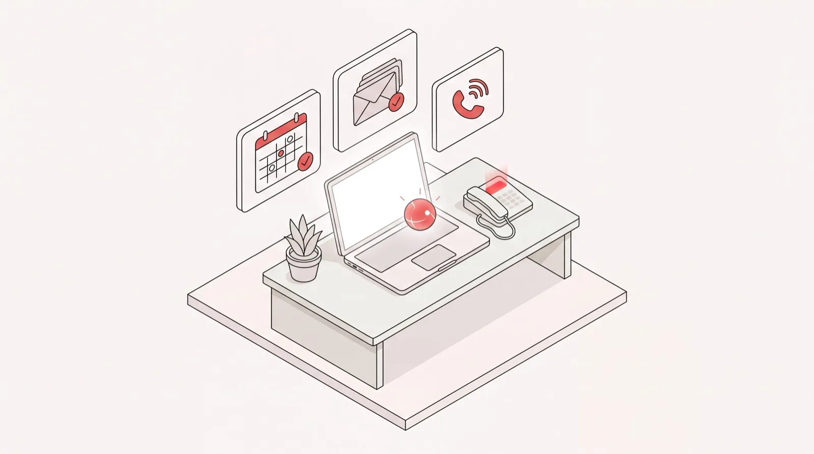 AI executive assistant managing a calendar, inbox, and phone call from a tidy executive desk