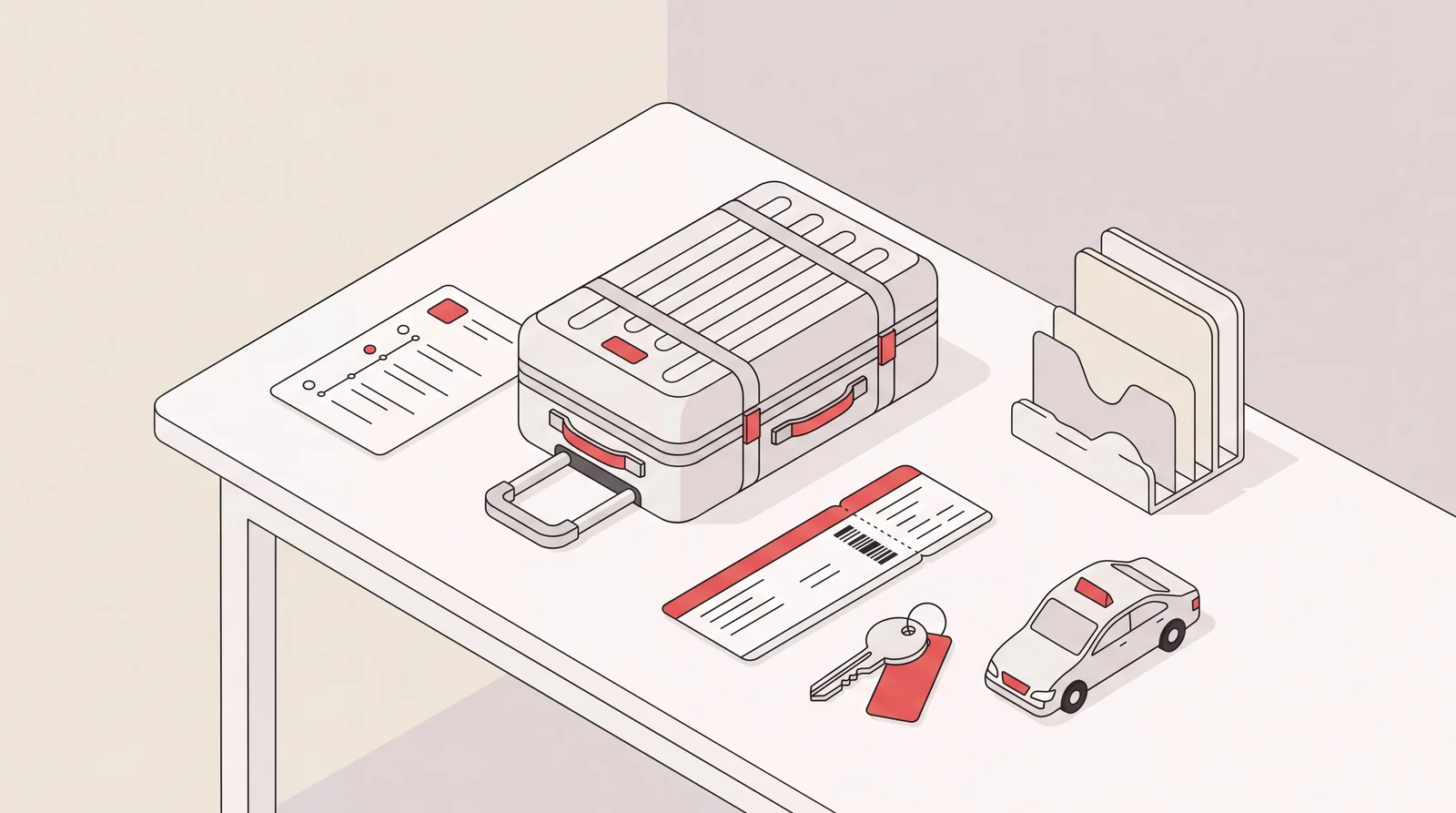 Isometric desk scene for choosing a corporate travel agent: itinerary, carry-on suitcase, boarding pass, hotel key, car