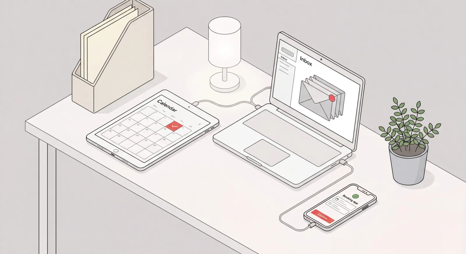 A personal assistant AI keeping a calendar, inbox, and phone bookings organized on a calm desk