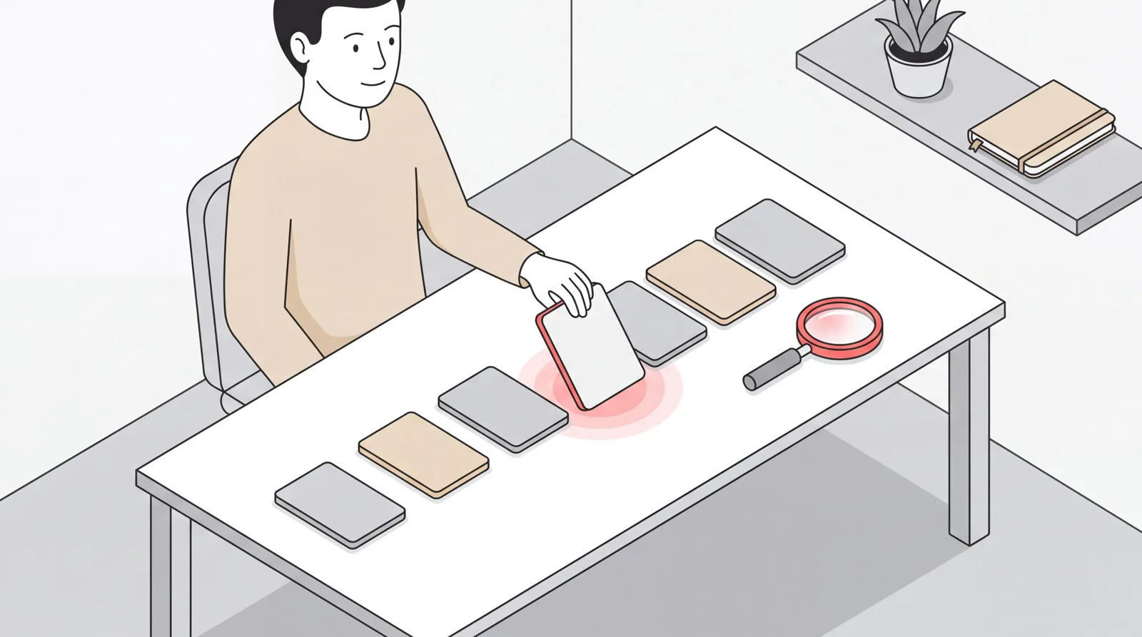 Person reviewing a shortlist of virtual assistant service cards on a desk, lifting the chosen one forward