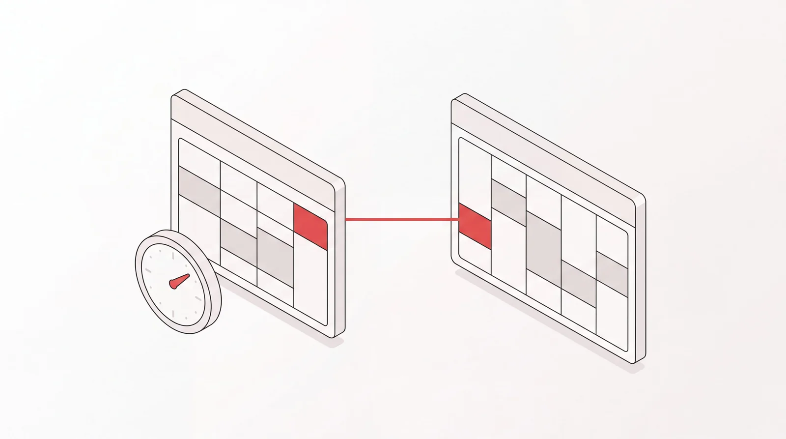 Two calendars linked by a direct line with matching booked time slots and a dial, showing agent-to-agent scheduling