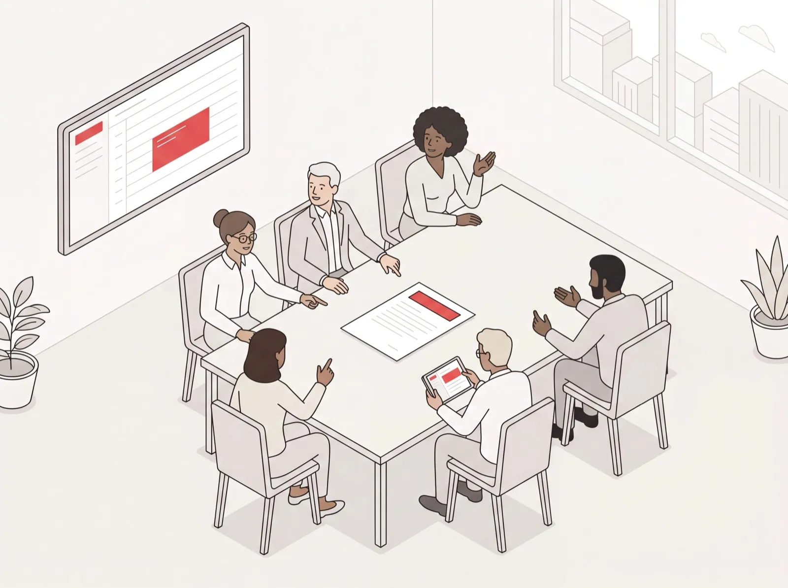 Board meeting around a conference table with a single-page board meeting agenda and a calendar invite on screen