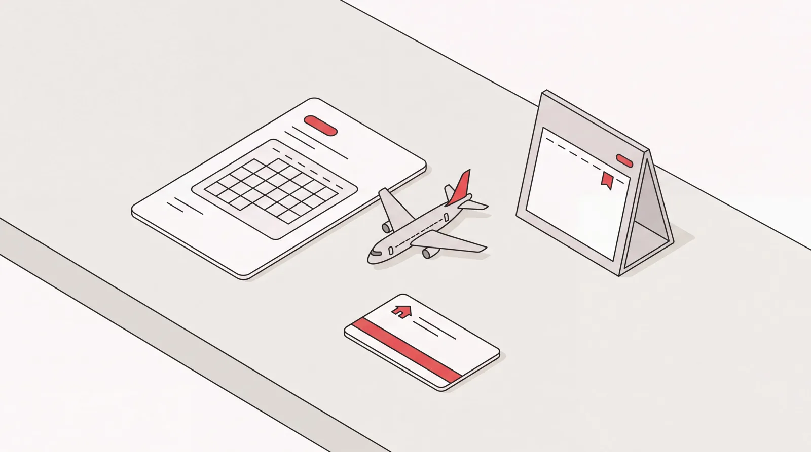 Isometric desk scene with a travel itinerary, airplane, hotel key card and calendar for business travel management