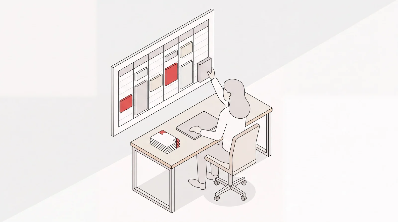 Executive assistant managing a weekly calendar, arranging time blocks on a wall board beside a laptop and desk