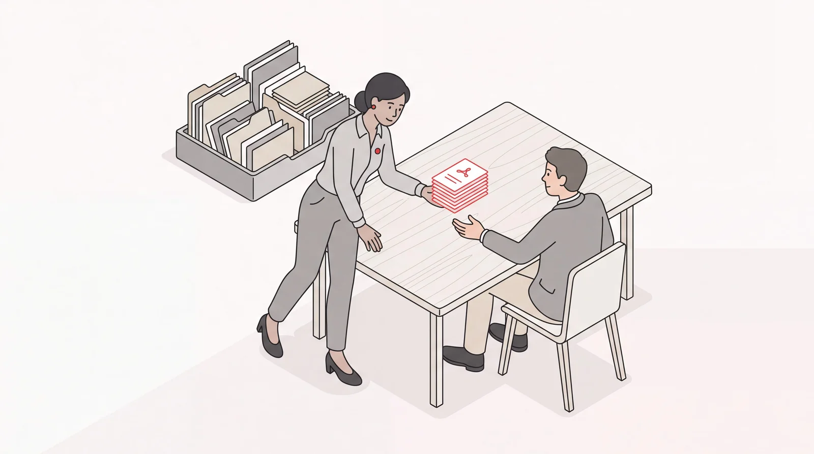 Chief of staff handing a short stack of priority decisions to a CEO, with a tray of admin files set aside