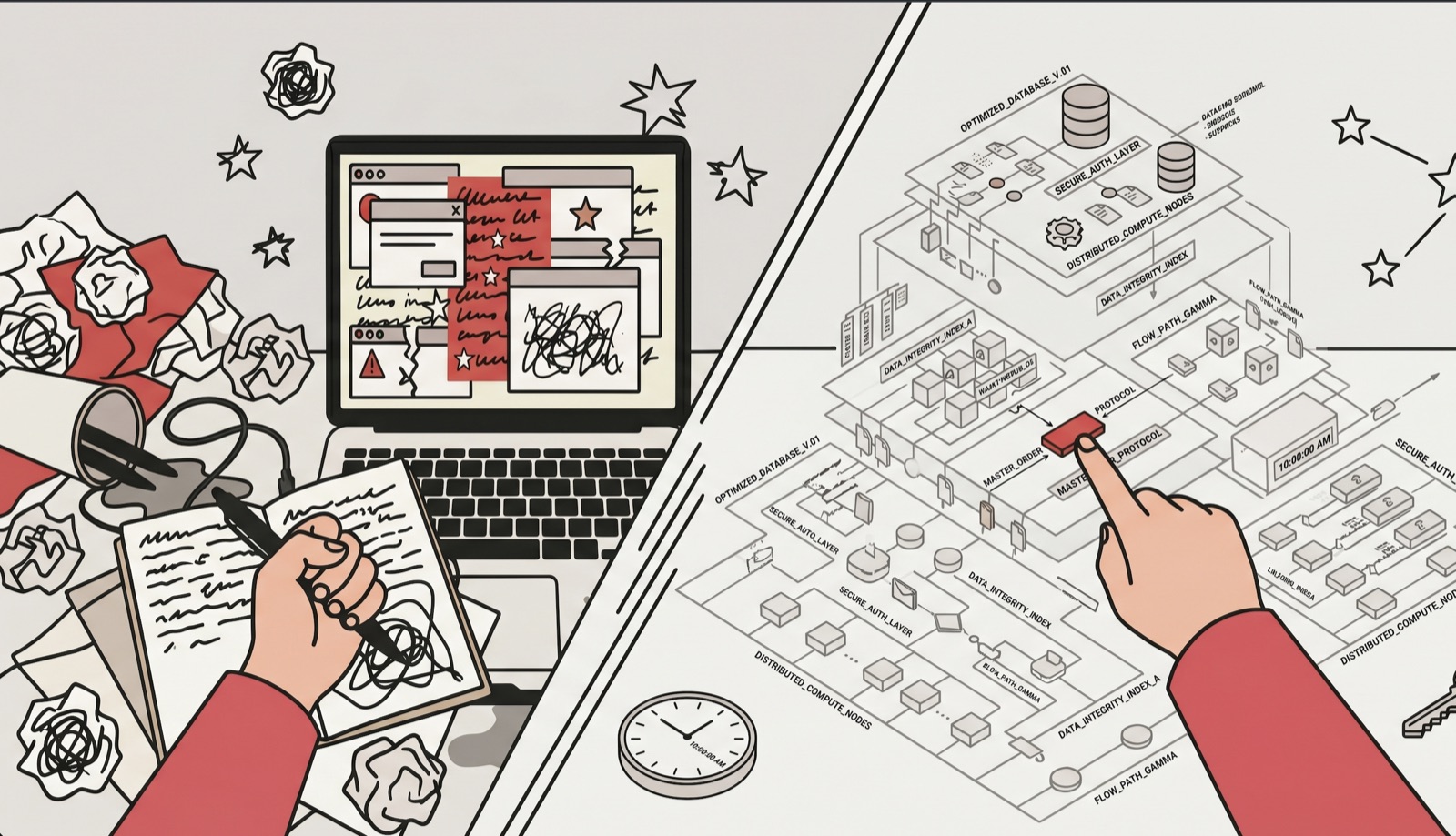 Split illustration: a chaotic desk of crumpled paper and a scribbled laptop on the left, a clean structured system diagram with a finger pressing a master order button on the right.