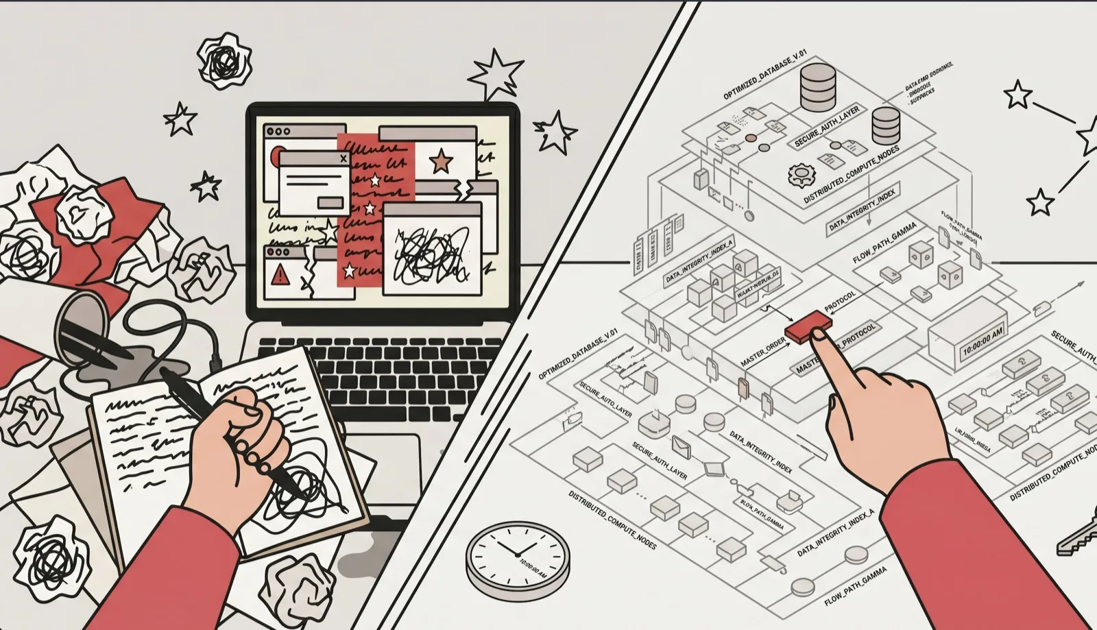 Split illustration: a chaotic desk of crumpled paper and a scribbled laptop on the left, a clean structured system diagram with a finger pressing a master order button on the right.