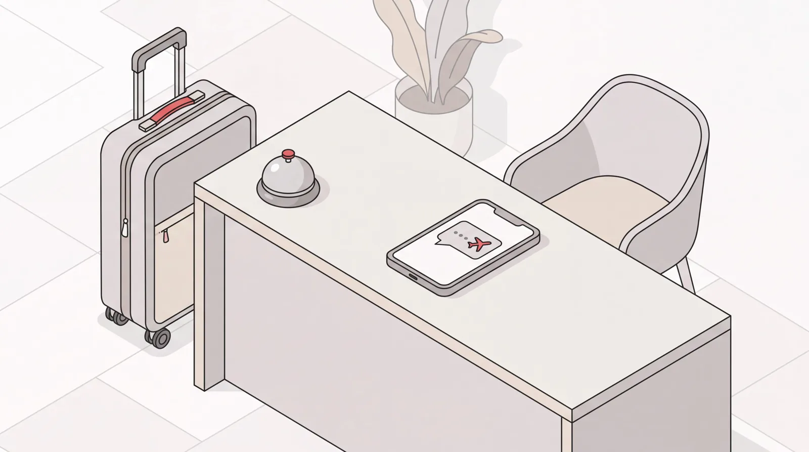 Executive travel agency desk with a service bell, a packed carry-on, and a phone showing a trip message