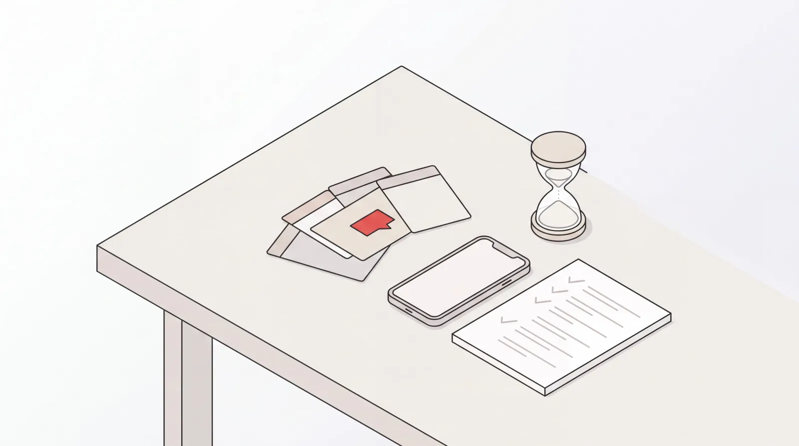 Isometric desk scene with fanned task request cards, a phone, an hourglass, and a checklist