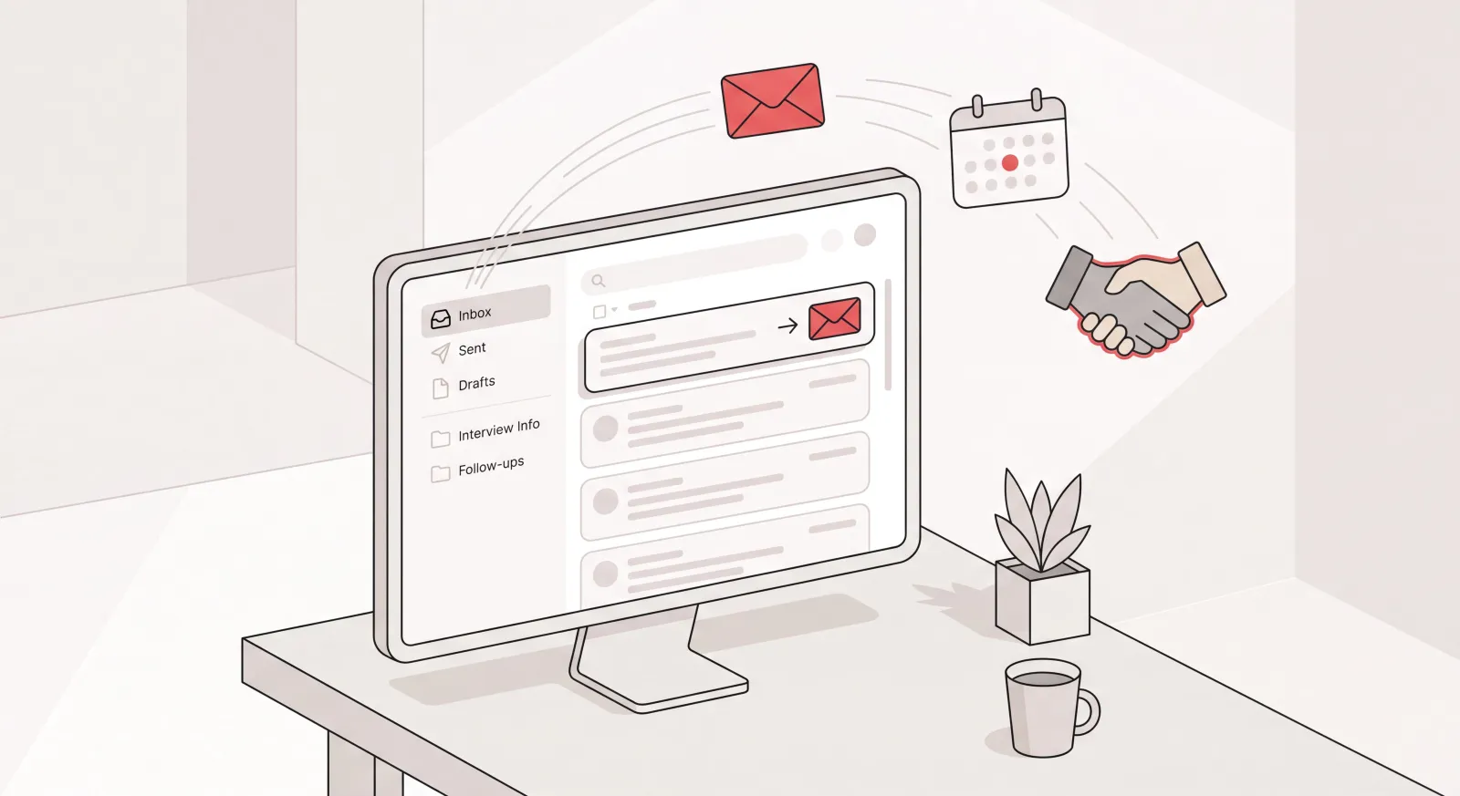Organized inbox sending a follow up email after an interview, with calendar and handshake motifs