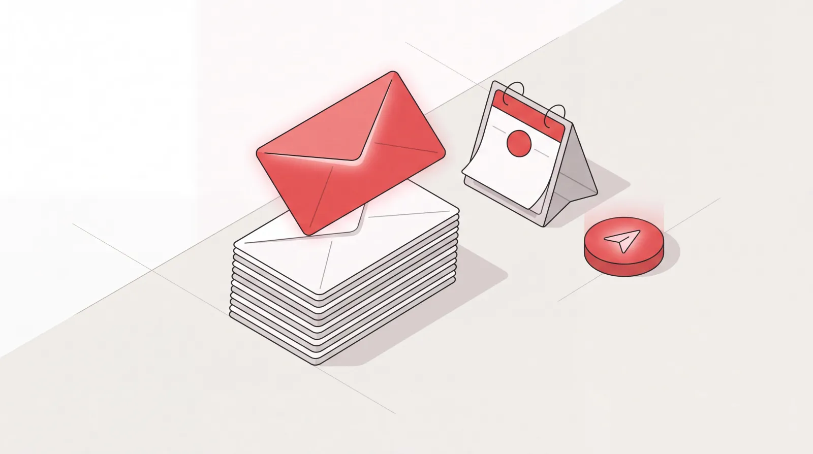 Red envelope lifting off a stack of messages beside a calendar and send button, illustrating a friendly reminder email