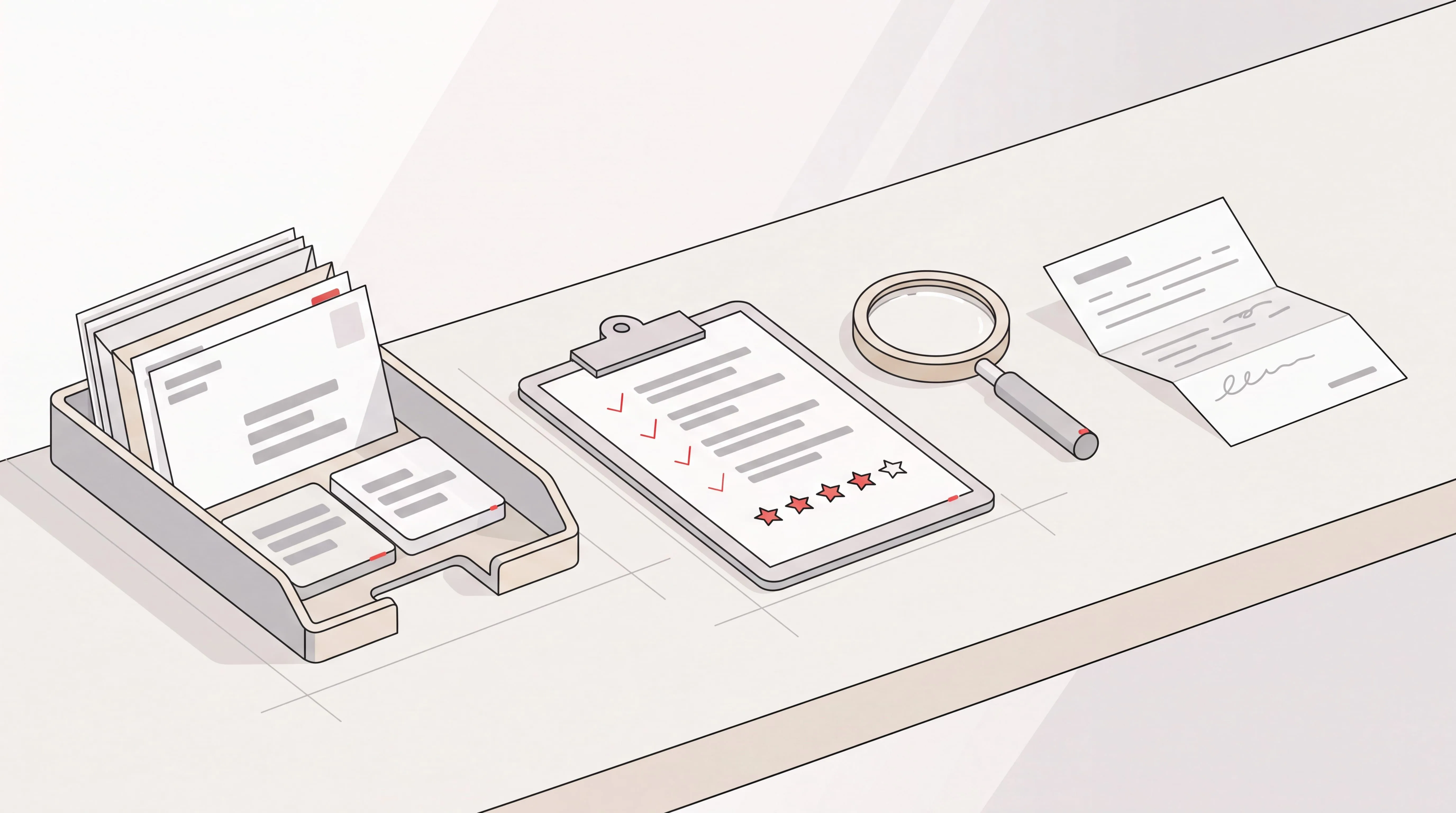 Desk with a sorted mail tray, a review checklist with a star rating, and a magnifying glass — reviewing the Fyxer AI email assistant