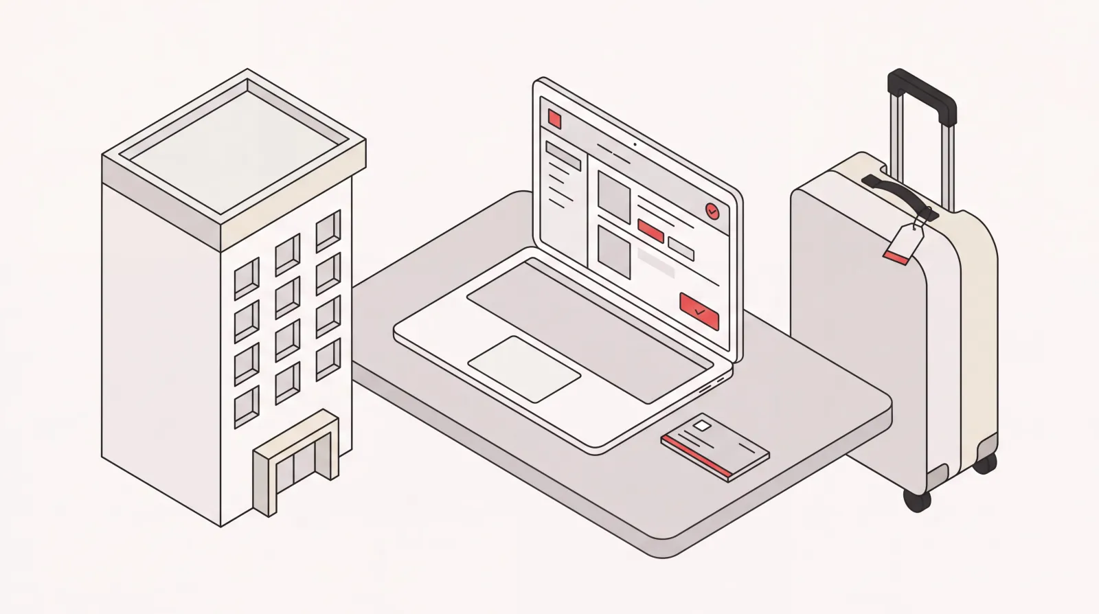Isometric hotel building, laptop with a corporate booking screen, travel card and suitcase for a Hotel Engine review