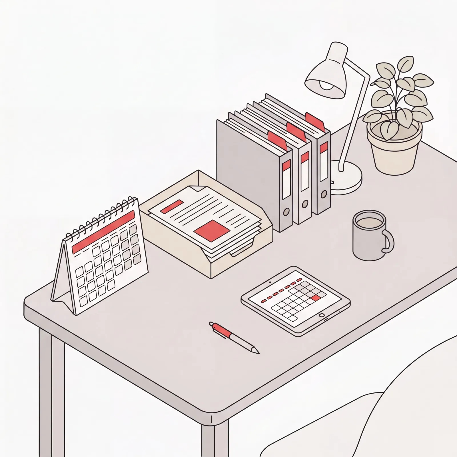 Tidy desk with an organized calendar, orderly inbox, and neatly stacked folders illustrating how to be more organized