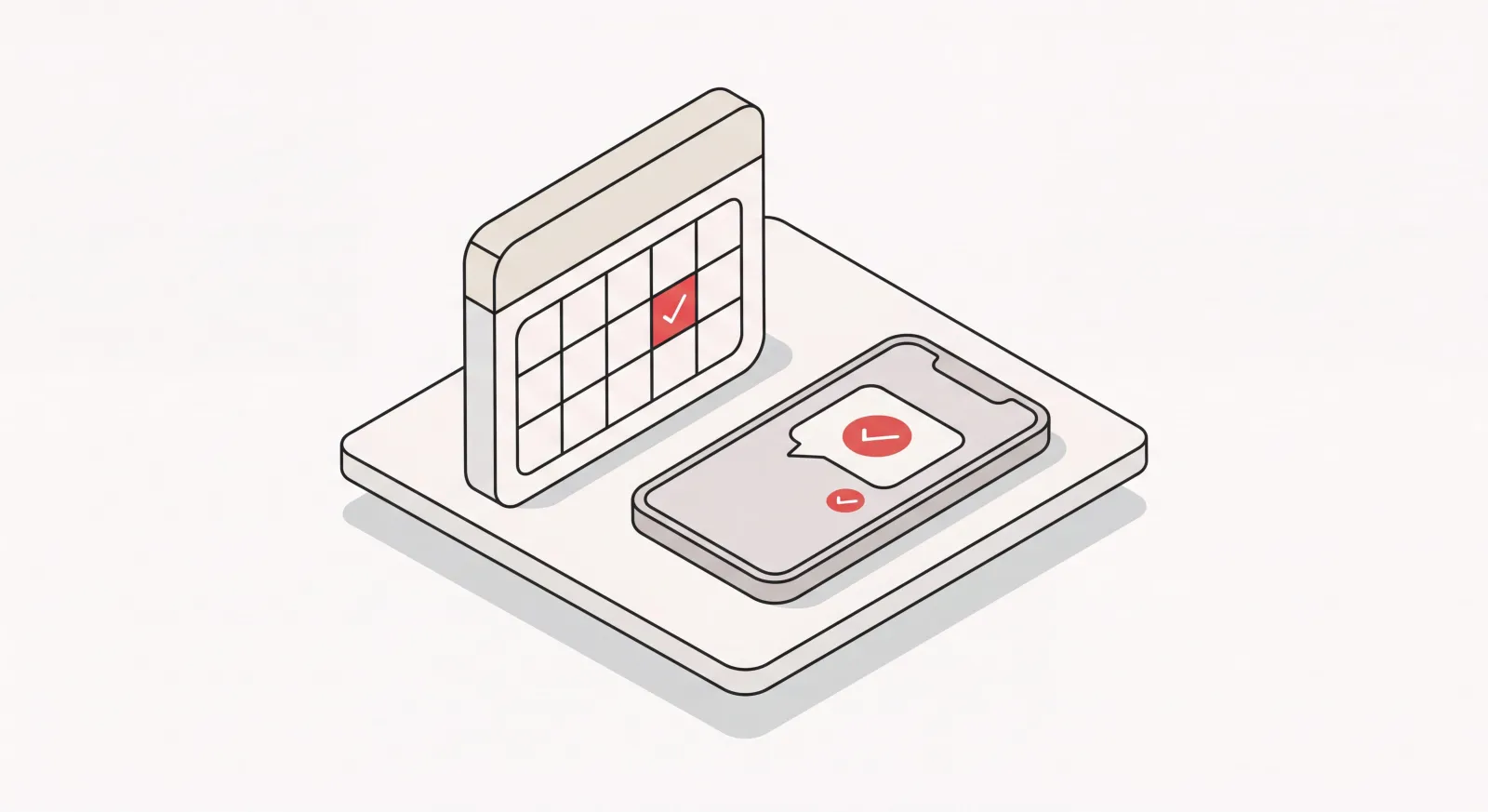Isometric calendar with a confirmed appointment slot beside a phone showing a sent confirmation message with checkmarks