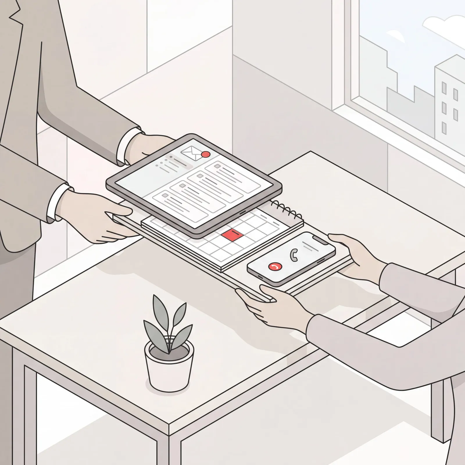 An executive handing off admin tasks — calendar, inbox, and phone — to an assistant, illustrating how to delegate tasks effectively