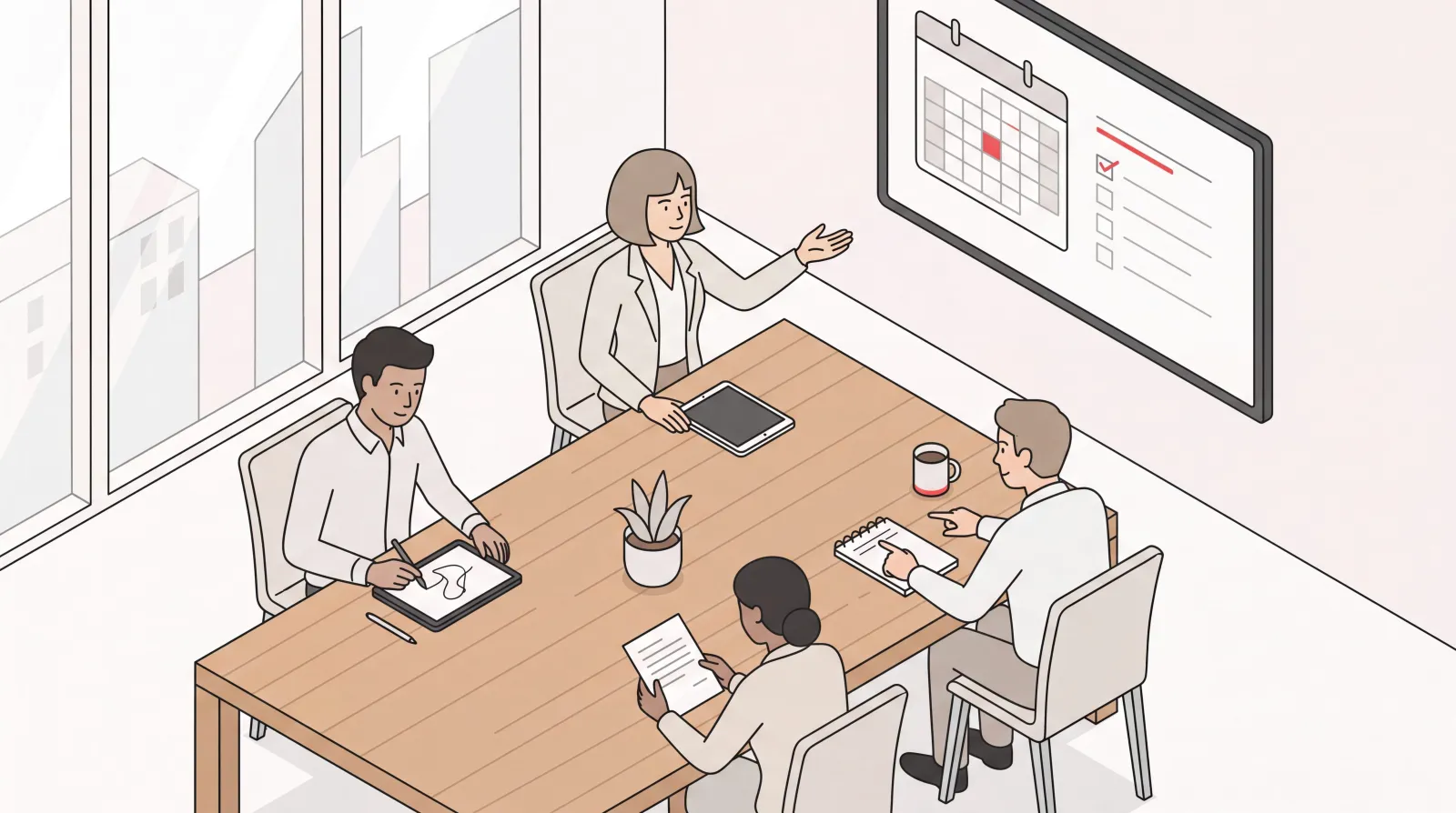 Executive leading a meeting with a clear agenda and shared calendar while colleagues collaborate