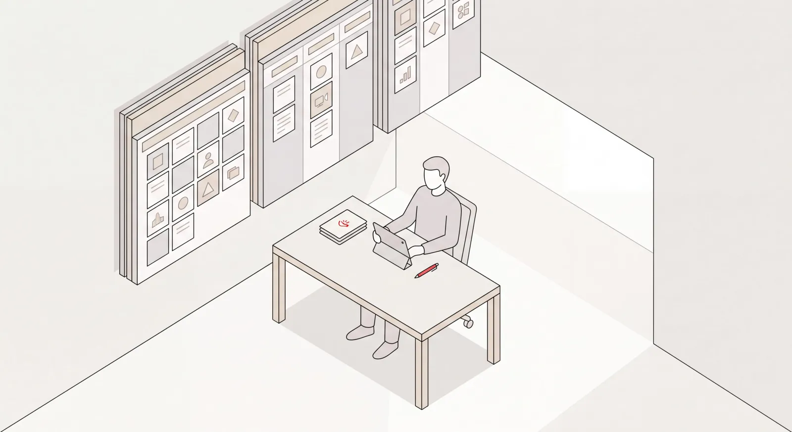 Executive calmly managing multiple projects shown as organized side-by-side lanes of tidy task boards