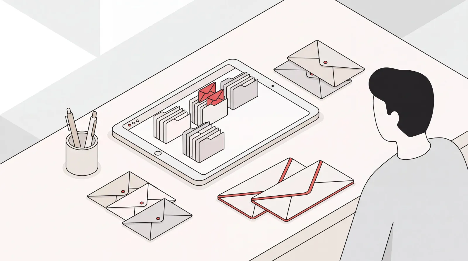Inbox management at a desk, with mail sorted into folders and stacks and only a few important emails left