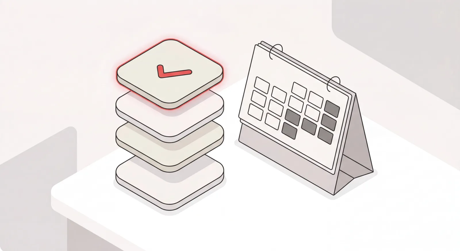Organized stack of prioritized task cards beside a calendar with blocked time slots, illustrating how to prioritize tasks