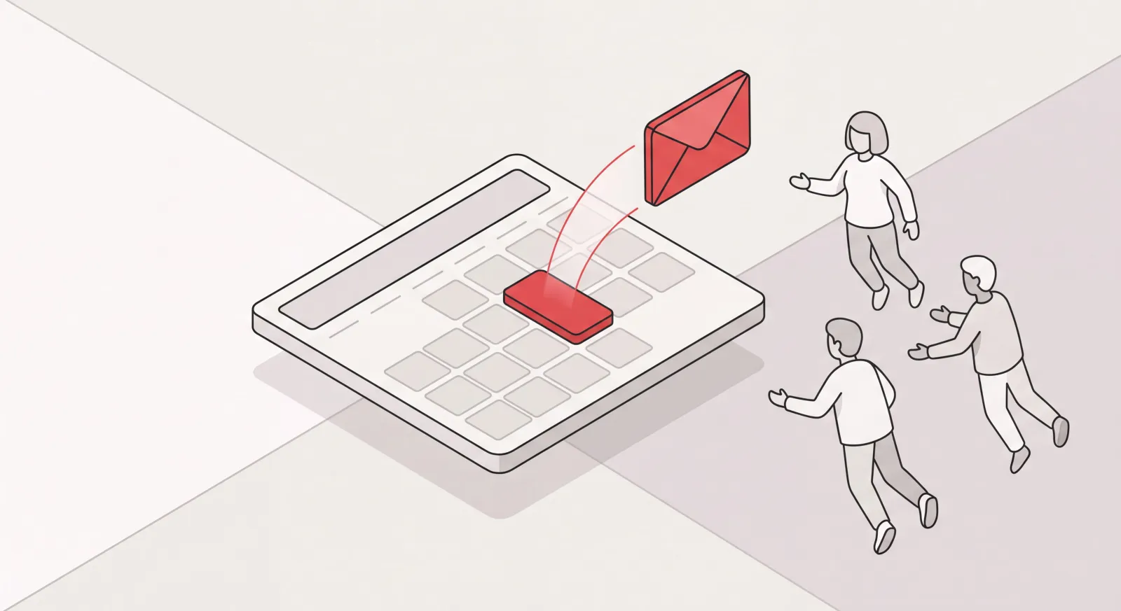 Isometric calendar with a highlighted event and an invitation being emailed to guests