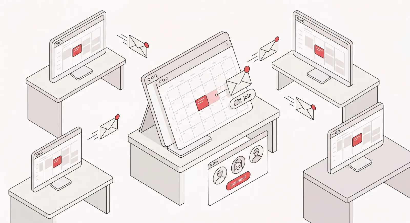 Isometric calendar with a highlighted meeting time slot sending an invite to attendees, illustrating how to send a calendar invite in Outlook
