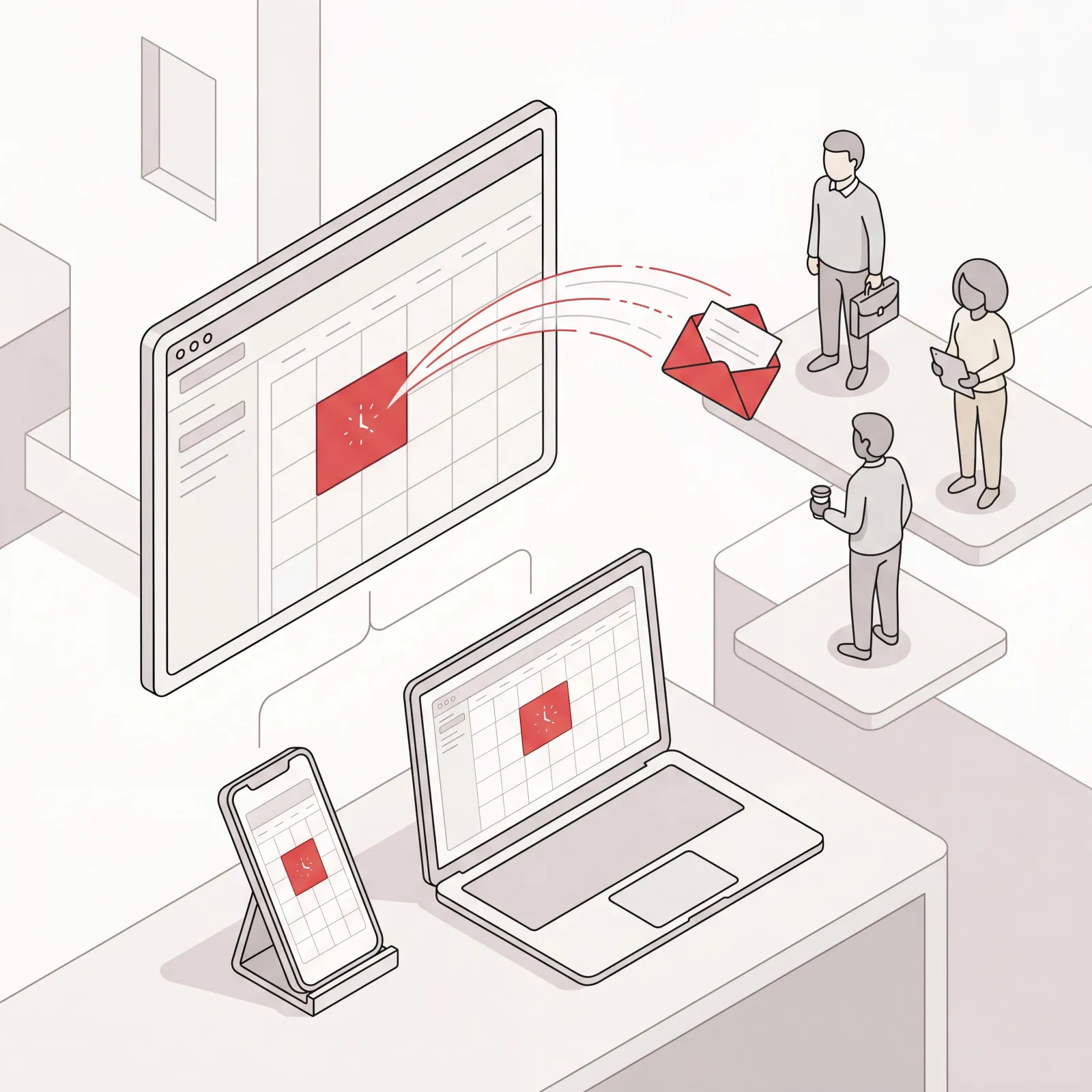 Calendar event with an invitation envelope sent to guests across phone and laptop, illustrating how to send a calendar invite