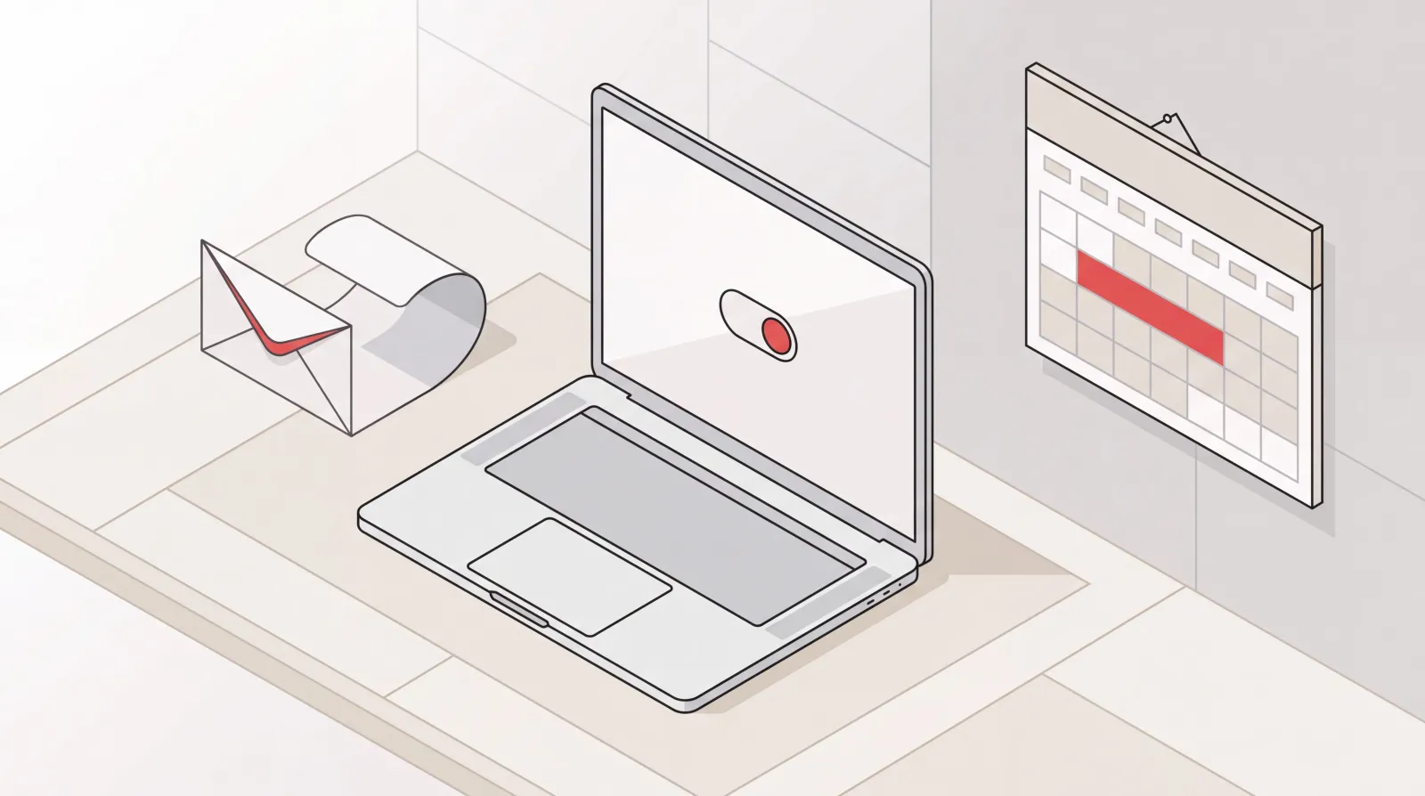 Laptop with an out of office auto-reply toggle switched on, an open envelope, and a calendar showing a date range