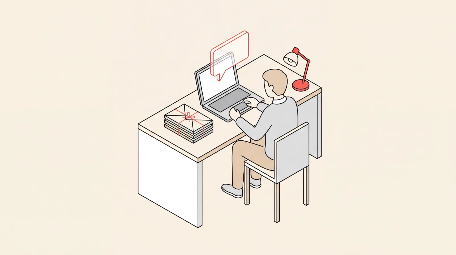 Person at a desk starting an email on a laptop beside a stack of sealed envelopes
