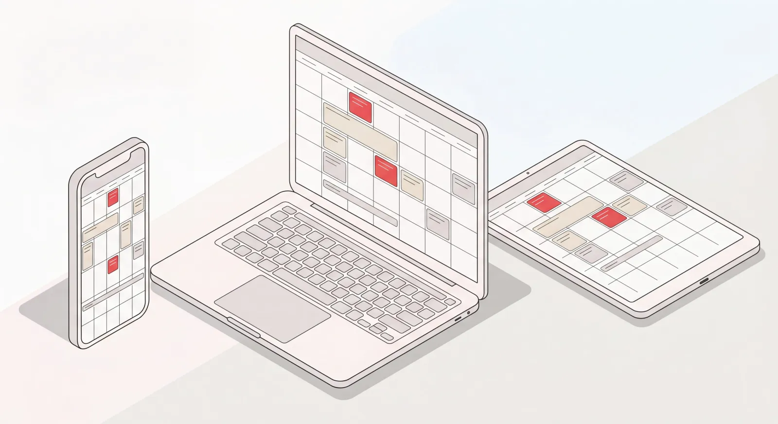 Google Calendar synced across a phone, laptop, and tablet showing the same scheduling events