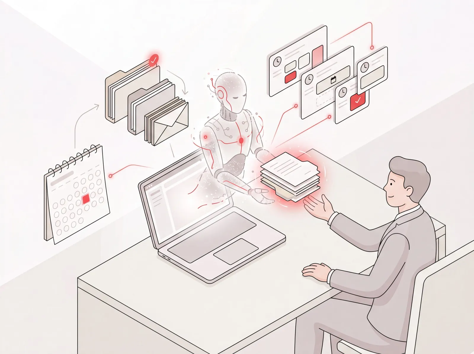 Executive handing off calendar, inbox, and scheduling to an AI assistant — how to use AI for business