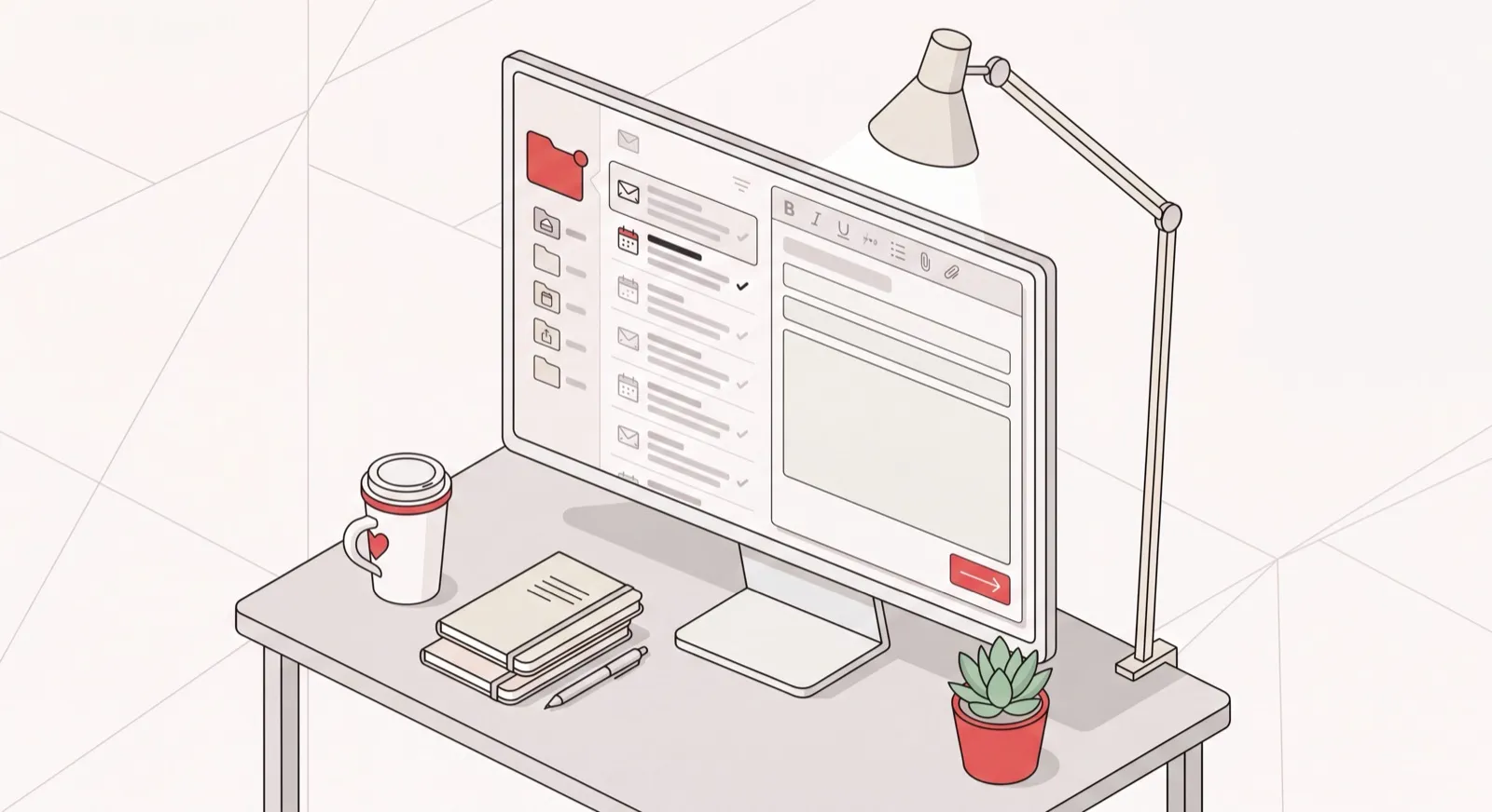 Organized inbox and a clear, well-structured professional email on screen at a tidy desk