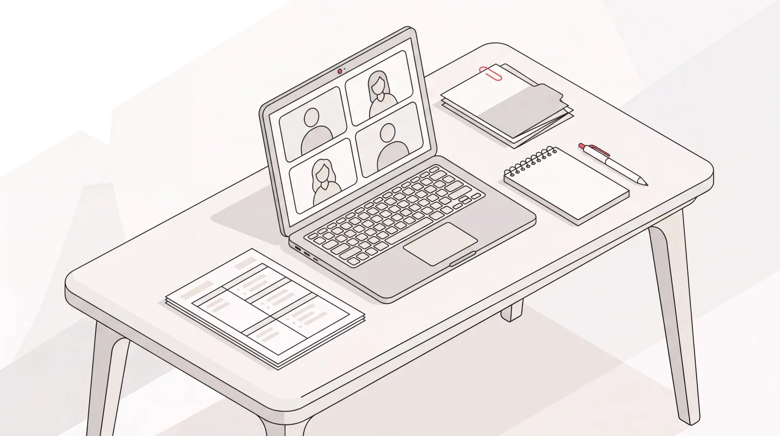 Desk with meeting minutes document, notepad and pen, and a laptop showing a video meeting